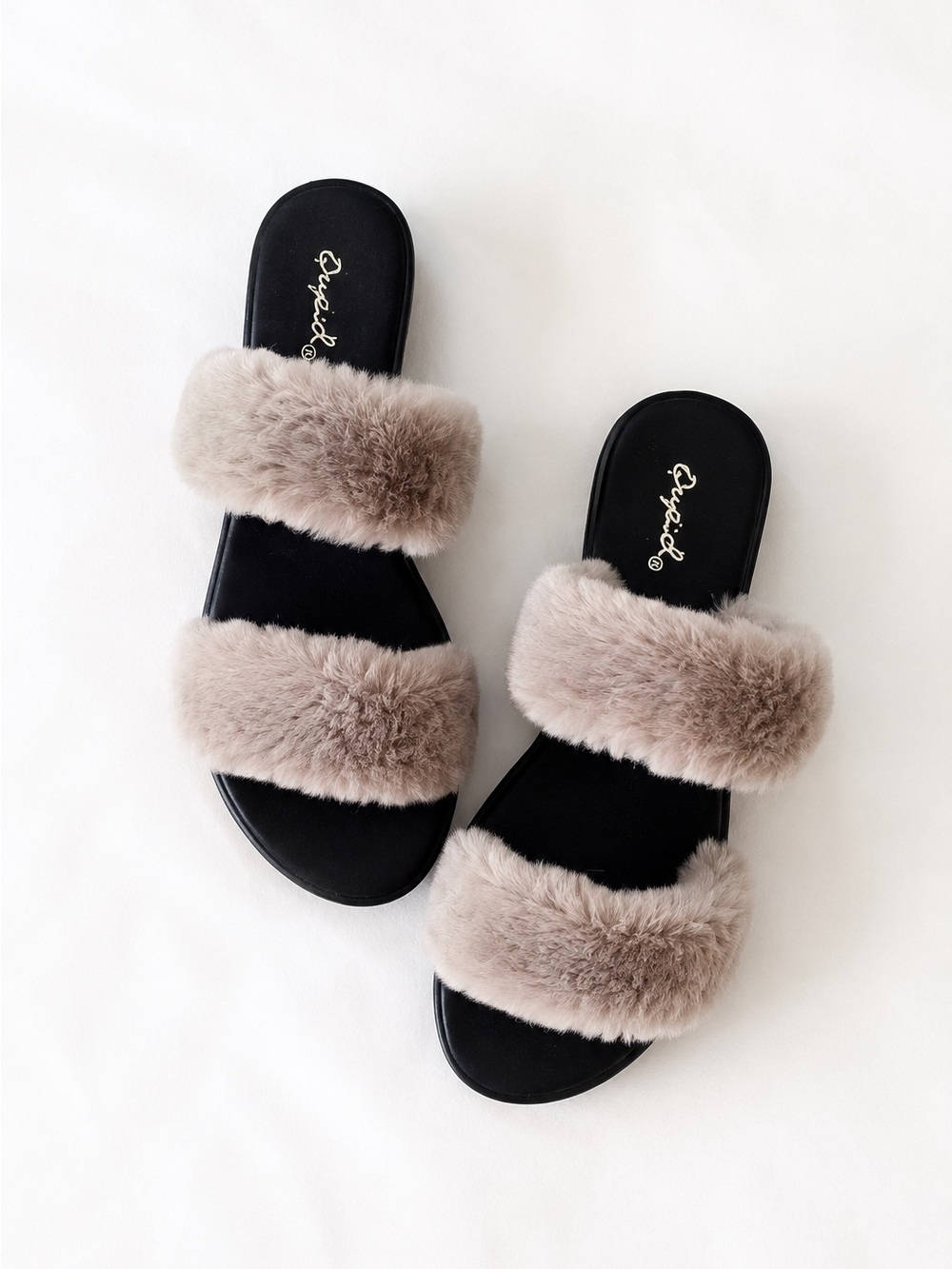 Black grey fuzzy fur slides slippers double band